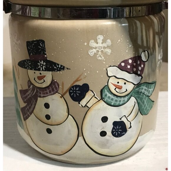 Snowman Cookie Jar Cannister Ceramic  Hinged Fabric Hat & Scarf 11" Tall - Picture 8 of 16